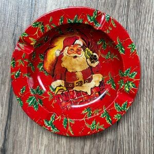 Vintage Santa Christmas Tin Ashtray Nostalgic Red Green